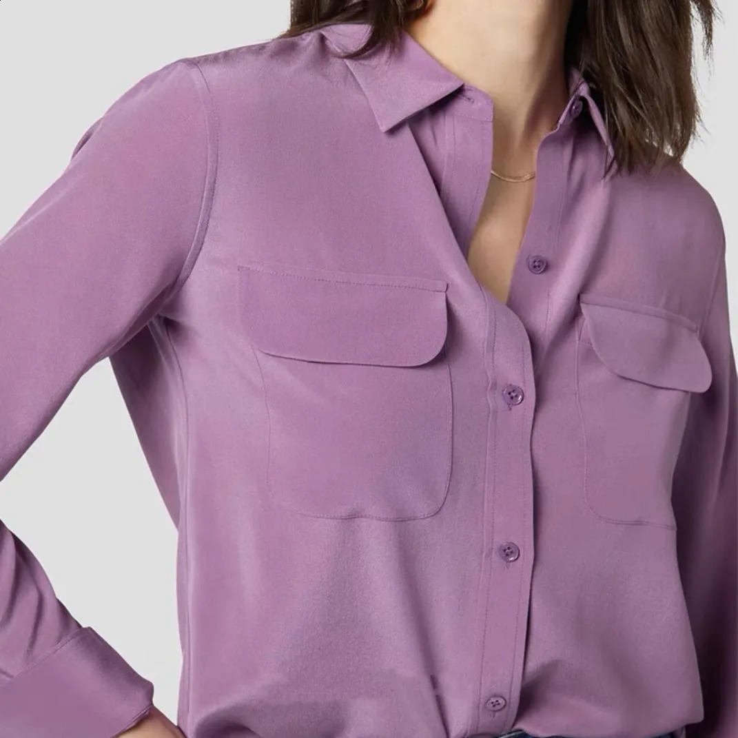 Women Silk Shirts Classic Double Pockets Solid Color Casual Fashion Long Sleeve Thin Shirt Blouses Tees 260921