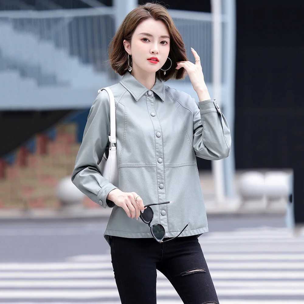 Shirt New Women Style Leather Jacket Spring Autumn Fashion Casual Turn-down Collar Split Leather Tops Coat Loose Outerwear C260921