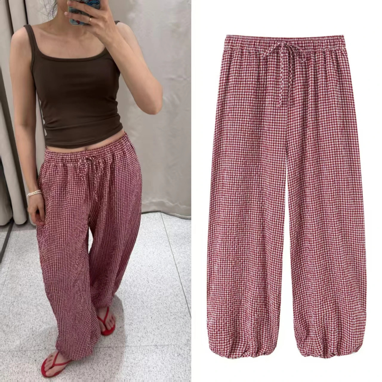 Summer Style Women's Long Pants Red Plaid Drawstring Lantern Pants Long Pants Beach Vacation Casual Fashion 260921