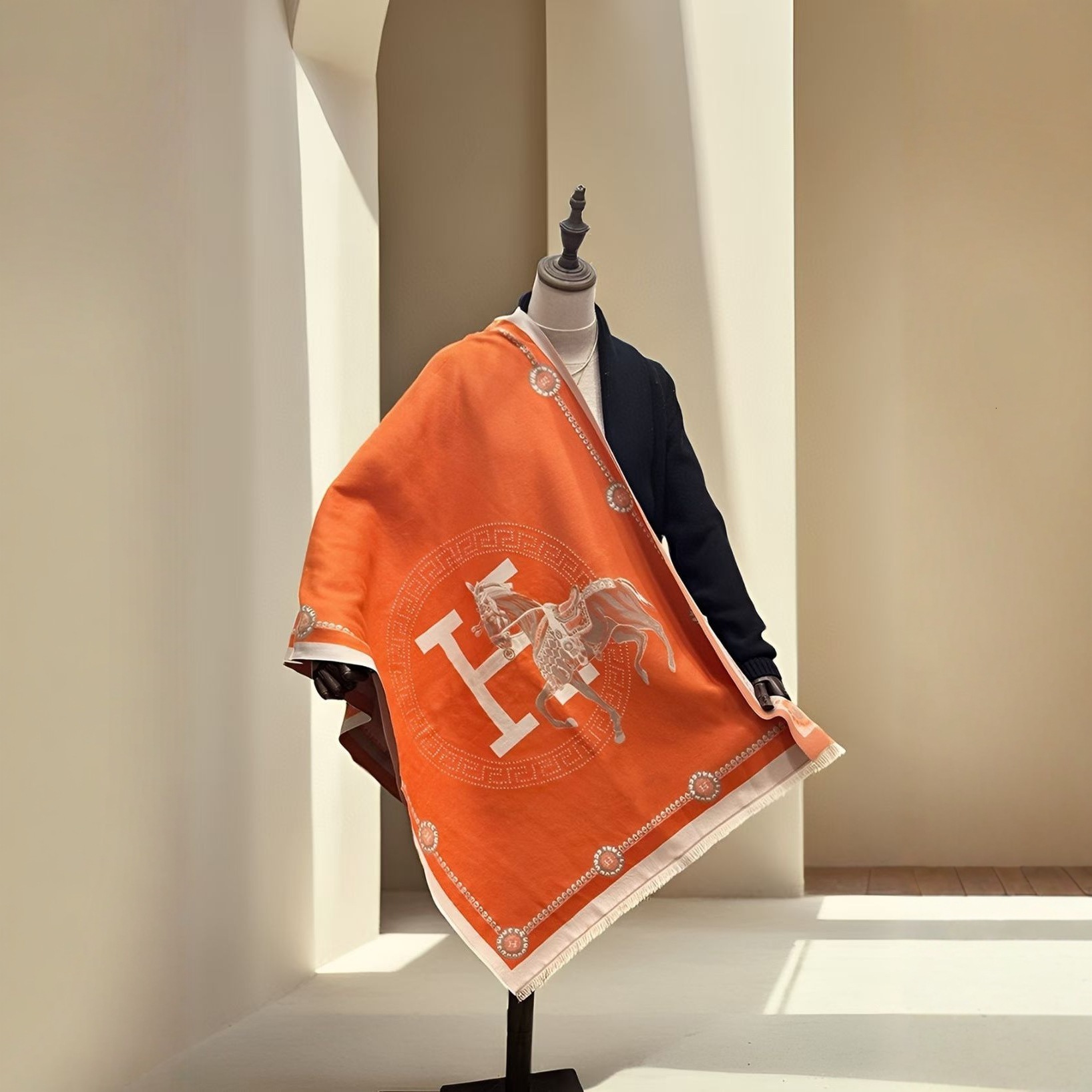Vintage Luxury Designer Women Orange Horse Jacquard Imitation Cashmere Scarf Thick Soft Large Shawl With Classic Animal Pattern For Autumn Winter Da