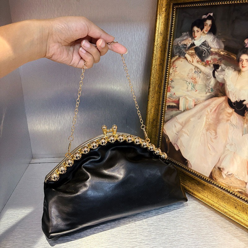 Fashion Luxury Designer Women's Soft PU Leather Black Cloud Hobo Bag Elegant Dressy Handbag Ruched Dumpling Party Clutch Purse