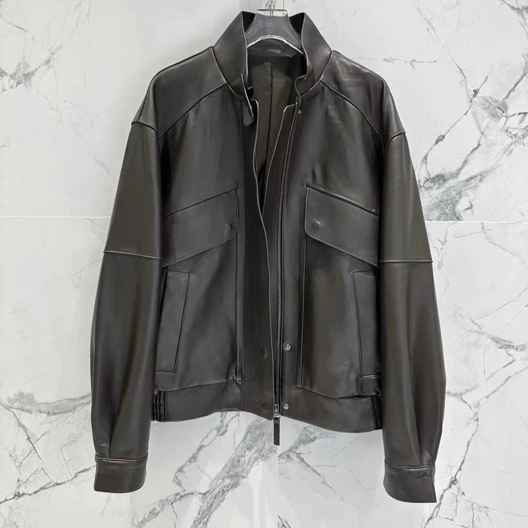 Stand-up Collar Sheepskin Coat Long Sleeve Zipper Short Jacket Leather Jacket for Women C260921