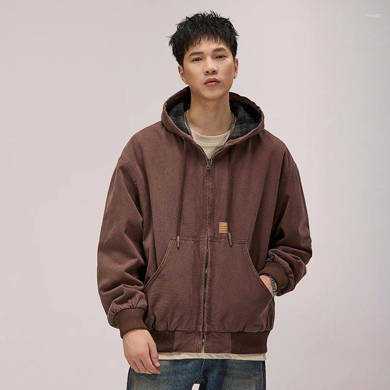 Men's Spring Autumn Washed Cotton Plus Size Loose Casual Hood Cargo Jacket Streetwear Cityboy Coat Outerwear Varsity Men