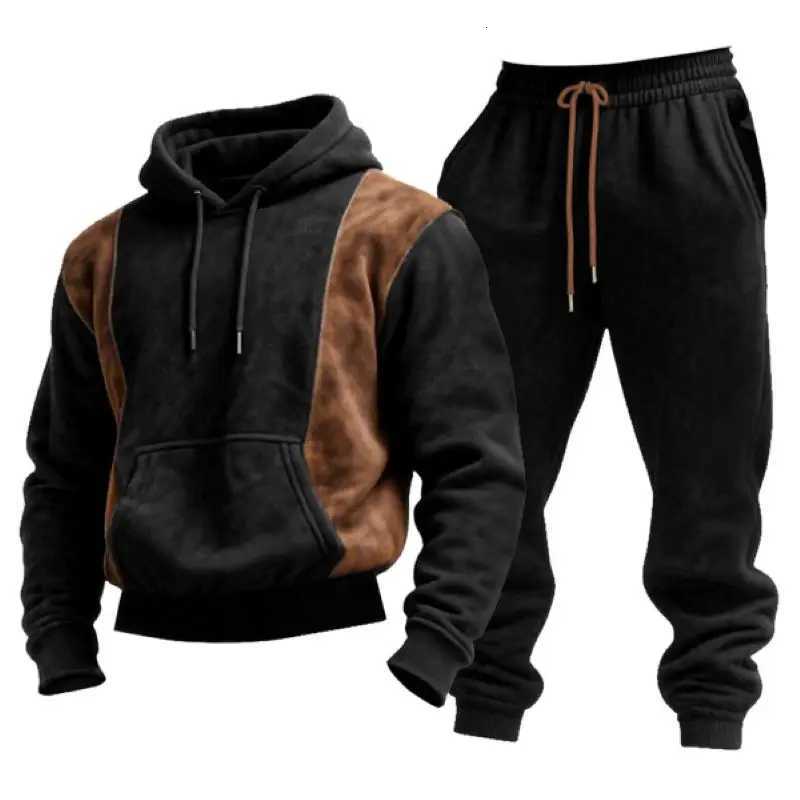 Tracksuits Men's Vintage Men's Black Brown Suede Color Block Hoodie and Sweatpants Set J260921