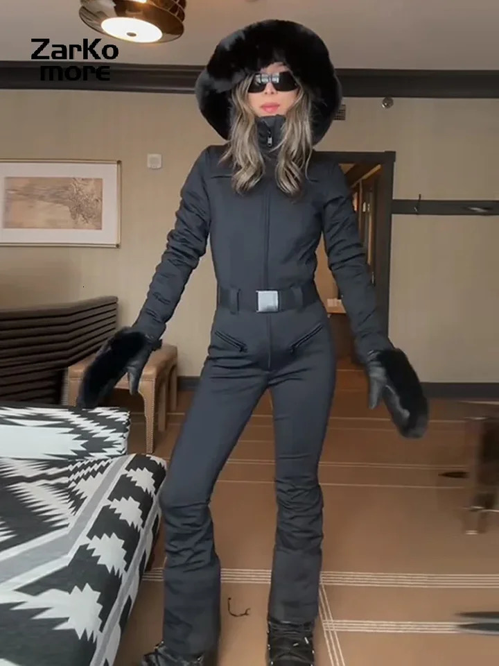 Fashion Hooded One-Piece Ski Jumpsuit Women Stand Collar Zipper High Waist Solid Windproof Outwear 2026 Winter Lady Skiwears 260921