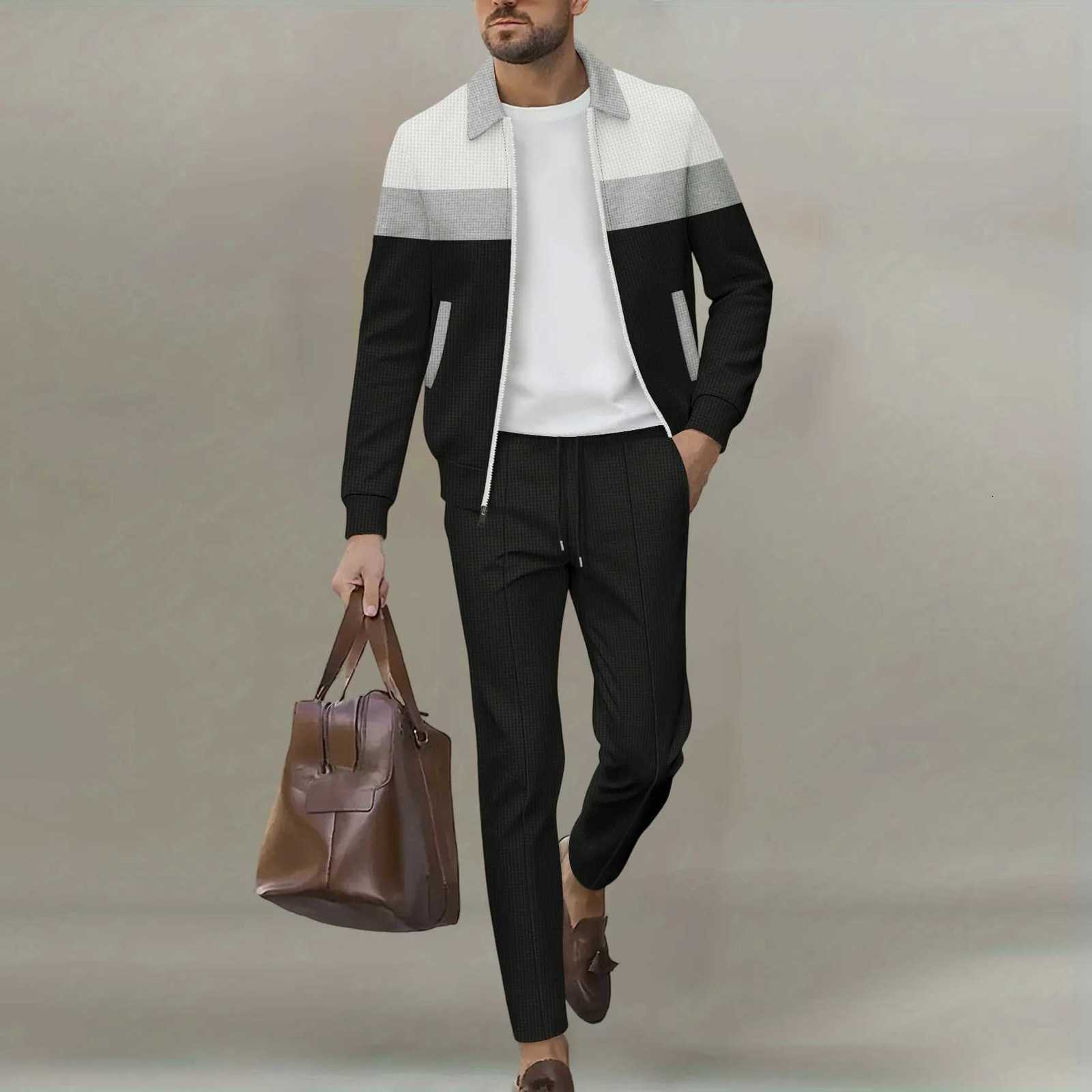 Color-Block Men's Tracksuits Men's Collared Jacket Multi-Color Striped Zipper Top with Long Pants Business Casual 1/2Pieces J260921