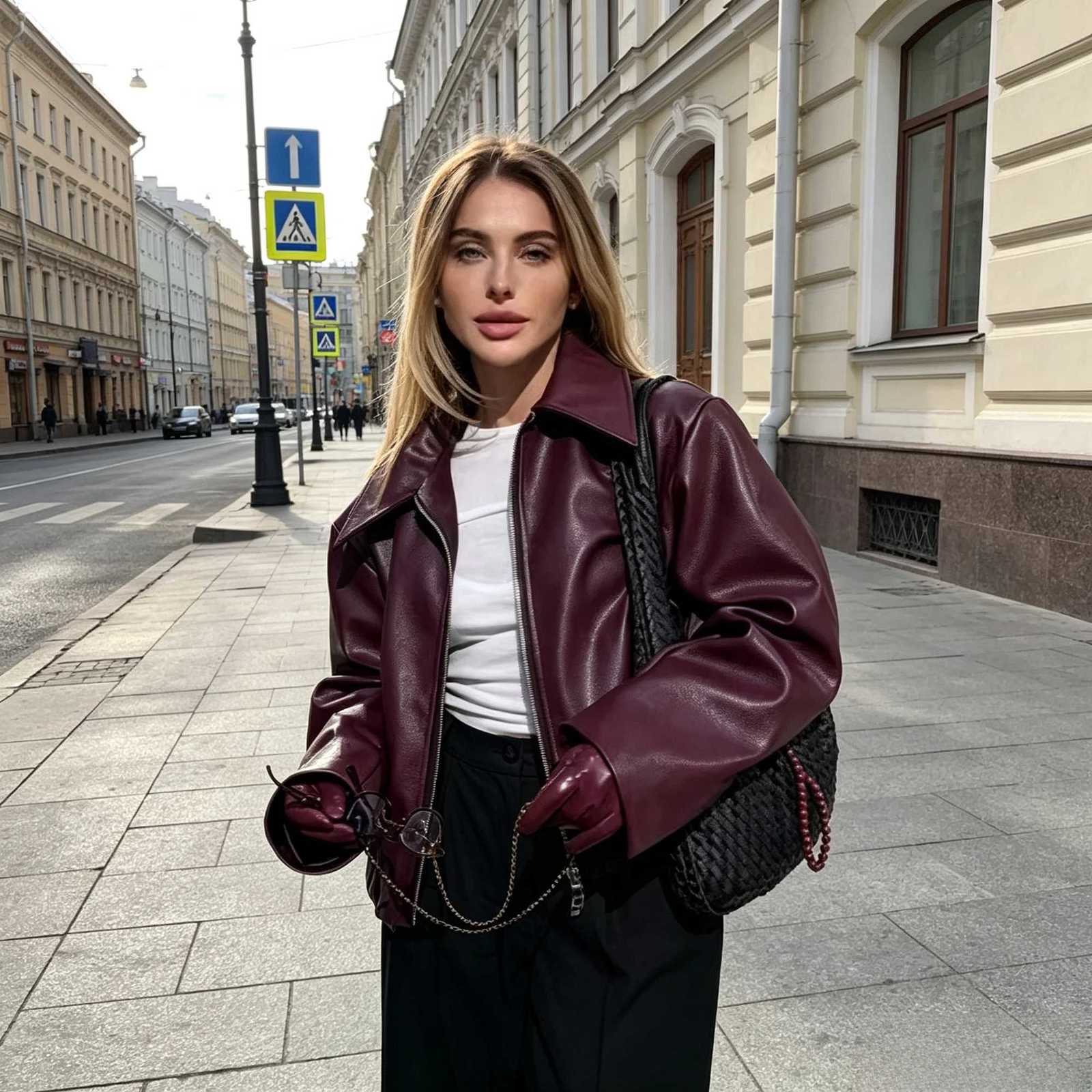 Faux Women's Leather Leather Women's Leather Jacket Brown Leather Jacket with Belt Chic Full Sleeve Laple Zipper Short Coats Ladies Street