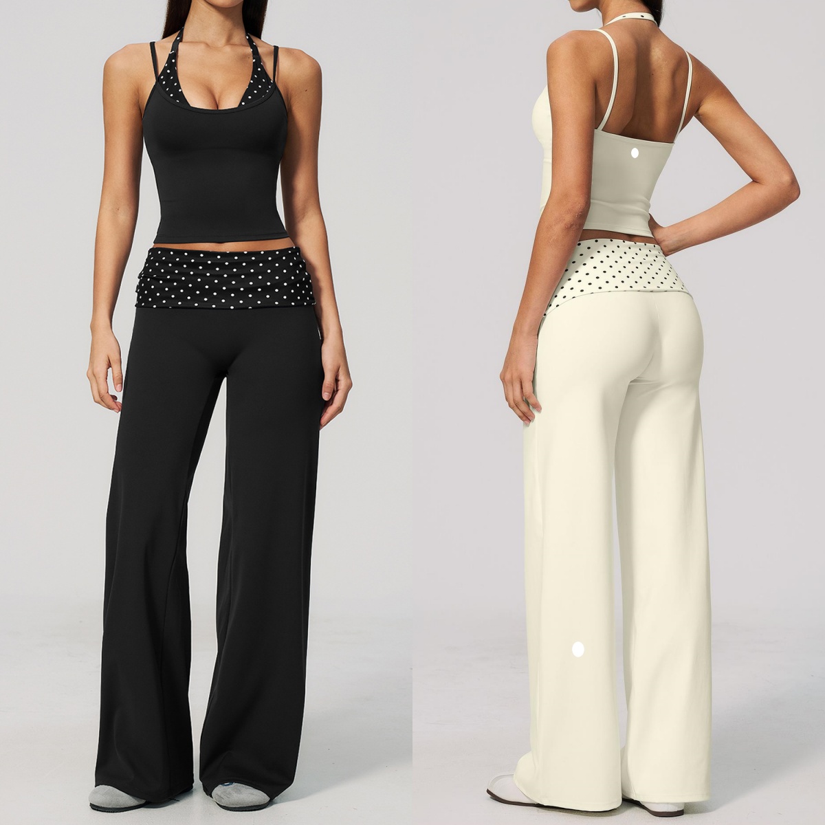 L6348 Soutien-gorge de sport à pois pour femmes avec doubles bretelles Pantalon long de sport brossé à pois rétro patchwork avec taille pliante p