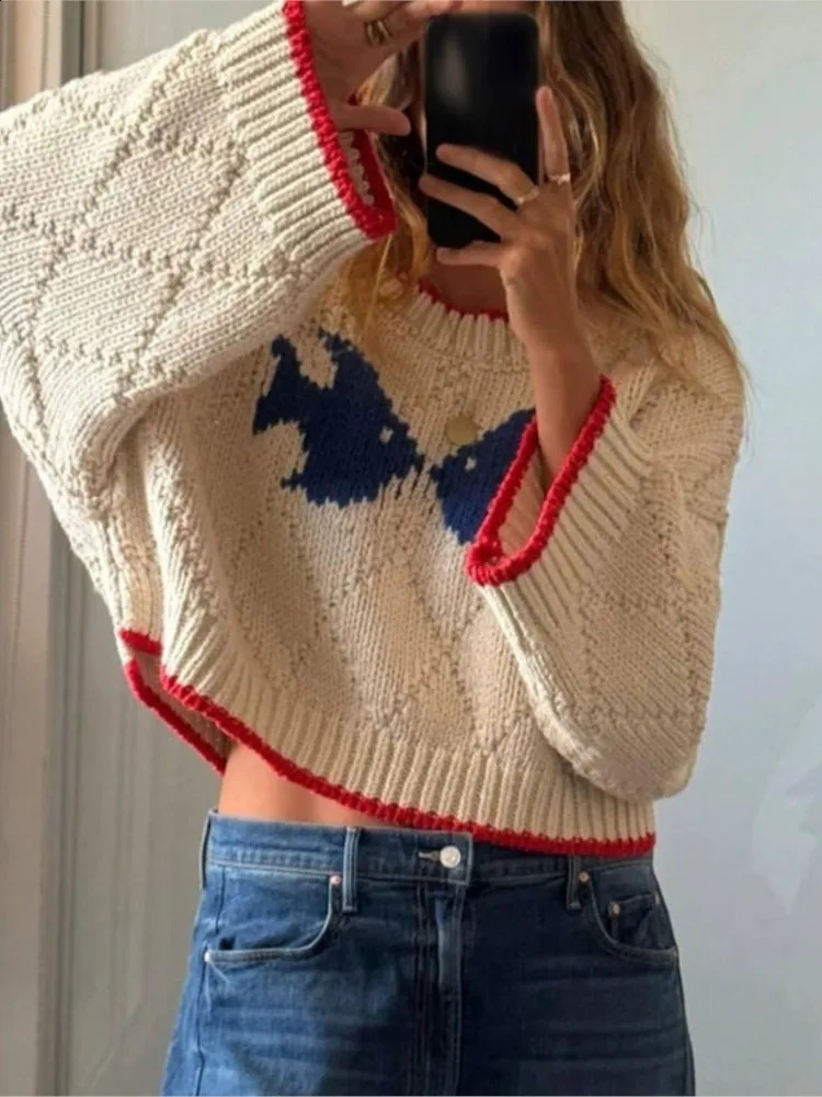 Fashion Print Knit Sweater For Women Casual Long Sleeve O Neck Pullovers Loose Sweaters Tops Lady Holiday Streetwear Clothes 260921