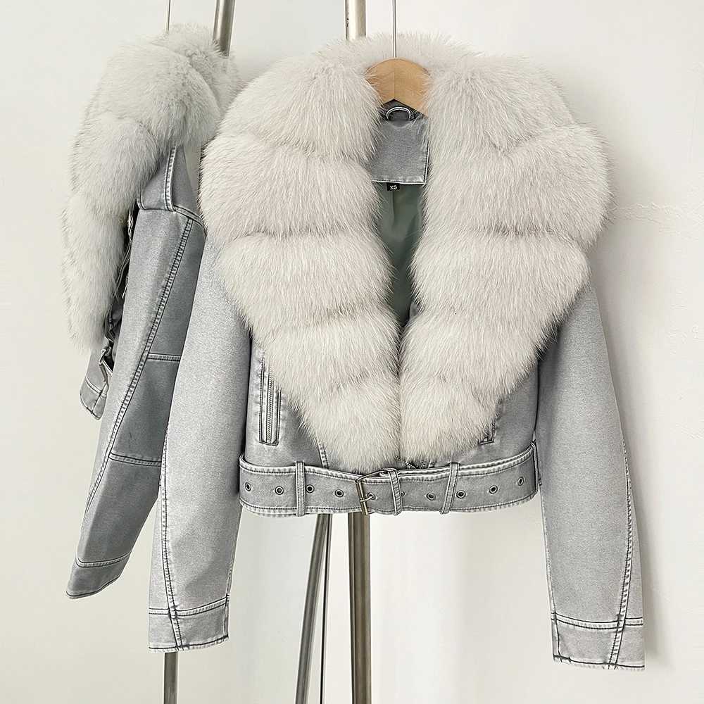 Coat Fake Leather New Natural Fox Fur Autumn Short Faux Leather Jacket Female Spring PU Women Long Sleeve Real Fur Coat Thin C260921