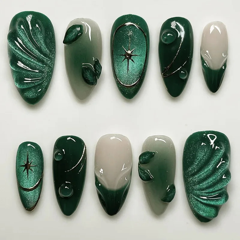 24Pcs 3D Green Ripple False Nails Cat's Eye French Almond Fake Nail Tips Leaves Pattern Removable Oval Press on Nails 260922