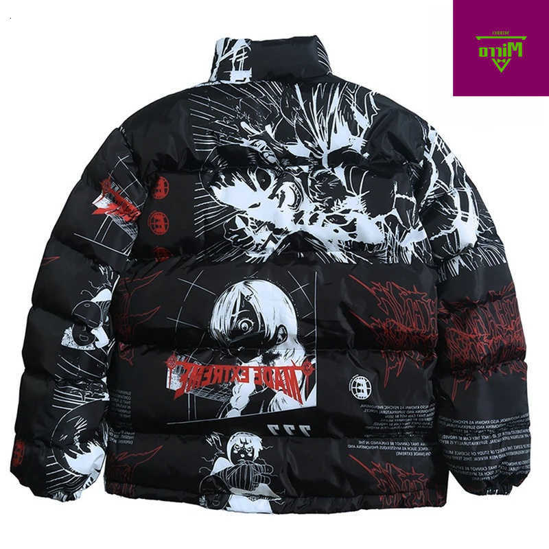 Anime Men's Streetwear Down Parkas Printed Jacket Men Hip Hop Winter Parkas Coat Black Loose Puffer Padded Jackets Y2K Oversized Bubble Coats M