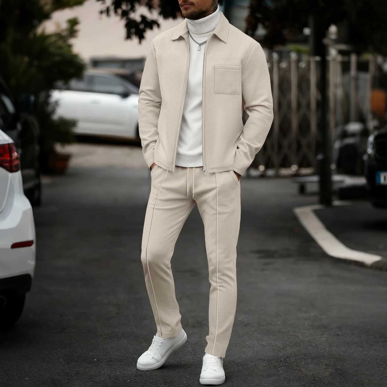 Fashionable Men's Tracksuits Men's Casual Plain-Color Waffle Knit Pullover with Zipped Pocket and Collar High-Quality Men's Jacket Tr