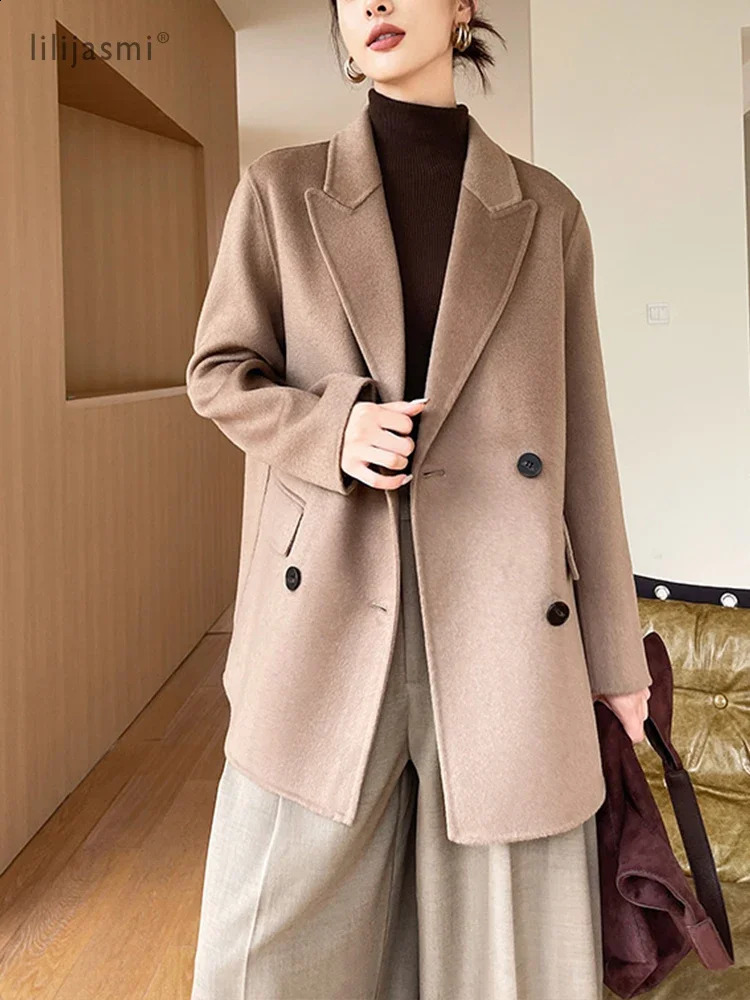Lapel Wool Short Blazer Coat Women 100% Wool Coats Working Cuffs Unlined Double-Faced Autumn Winter Jacket Ladies 25 260921