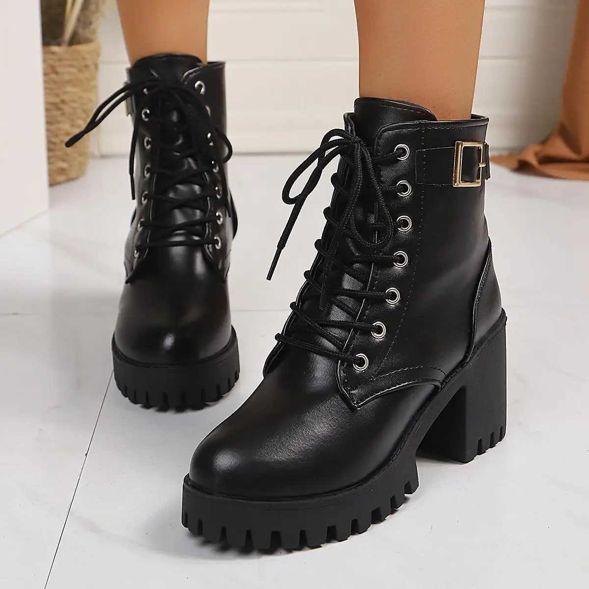 Designer women's Boots boots New high heels European and American black short boots round toe thick heel lace up leather boots for women J26092