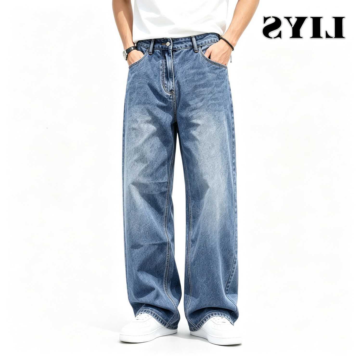 Jeans Men's Men's Straight Leg Jeans Blue Vintage Wash Regular Fit Denim Pants Streetwear Y2K Hip Hop Distressed Casual Trousers Classic T