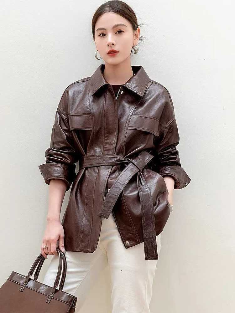 Classic Real Women's Sheepskin Leather Windbreaker Female Genuine Leather Black Slim Belt Long Suit Jacket Coat C260921