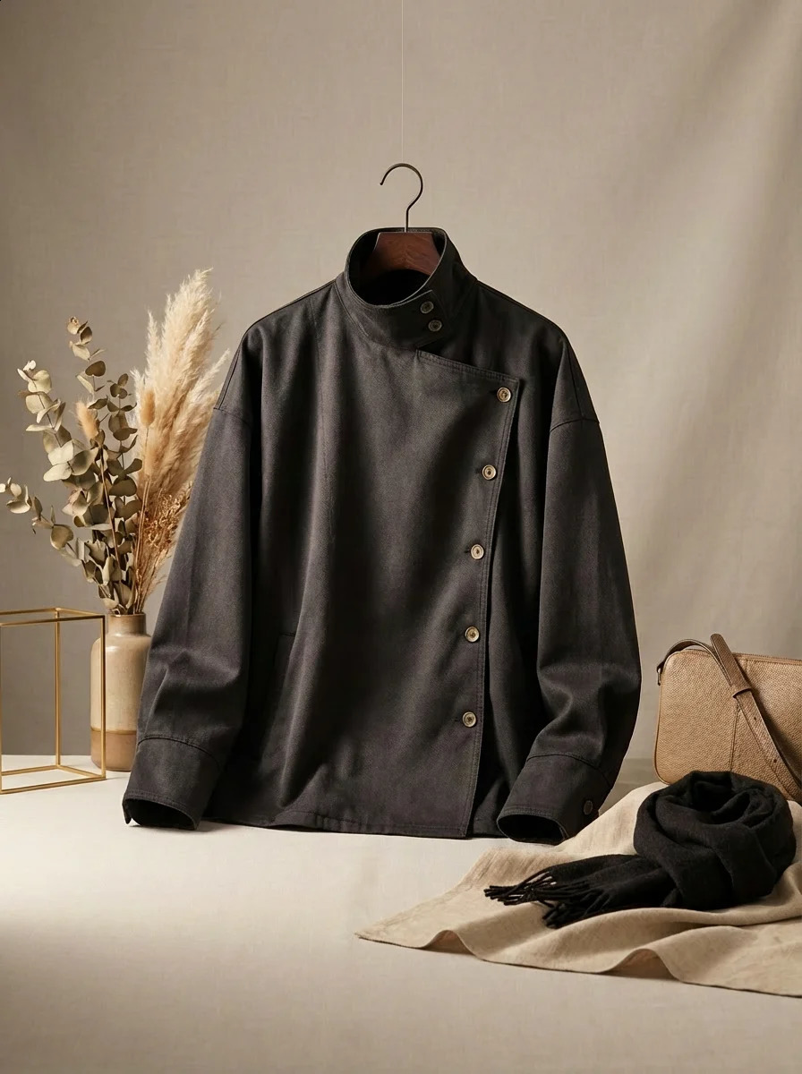 Gothic Hip Hop Retro Trendy Water Wash Jacket Men and Women Black Turtleneck Asymmetrical Button Jacket Trendy Casual Streetwear 260921