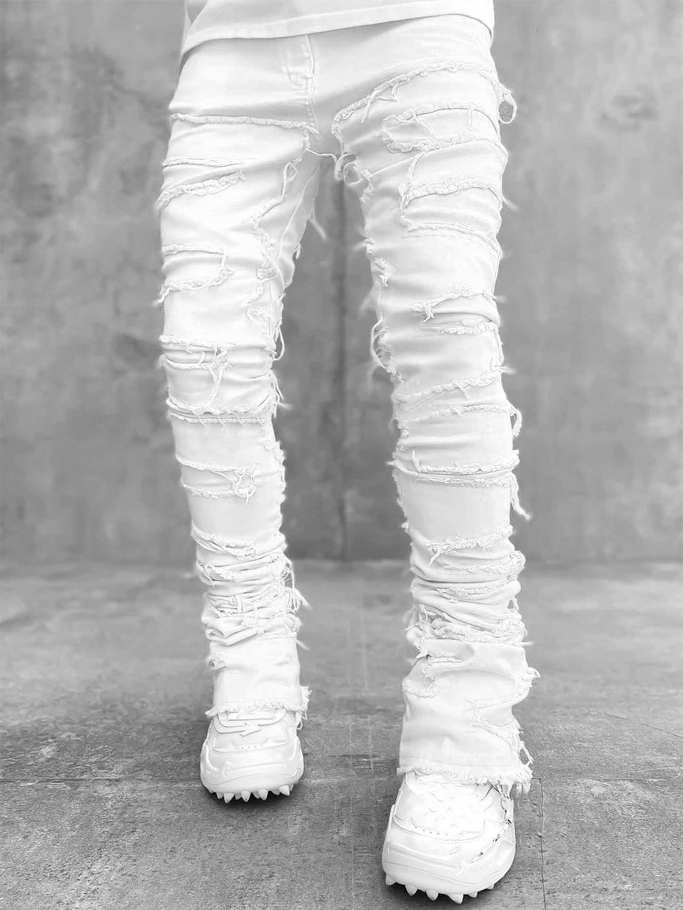 New Men's Jeans Men's Fashion Jeans Work Pants European and American Fashion Workwear Elastic Patchwork Denim Layered Flared Pants S-XXL T