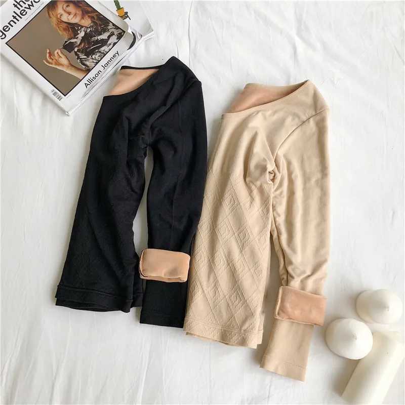 Underwear Women's Thermal Thickened Fleece Lined Slim Fit Long Sleeve round Neck Heating Thermal Underwear Women's Autumn Winter Korean St