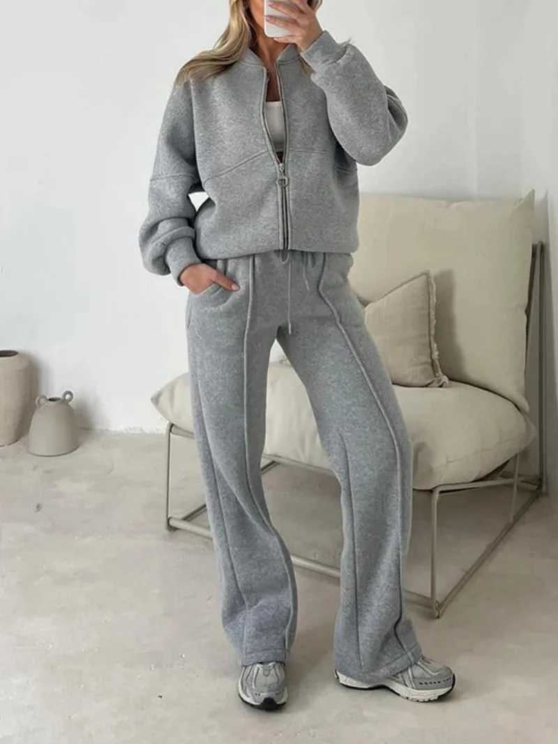 Sports Baseball Sets Autumn New Suit For Women Loose Solid Color Zipper Long Sleeve Sweatshirt Coat High Waist Lace Up Trousers 2 Piece Set N260922