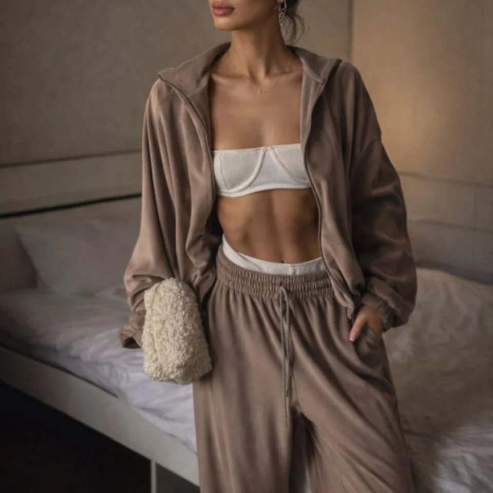 Elegant Velvet Tracksuit Womens Matching Sets Zipup Solid Long Sleeve Cardigan Coat Slacks Female Autumn Winter Two Piece 260922