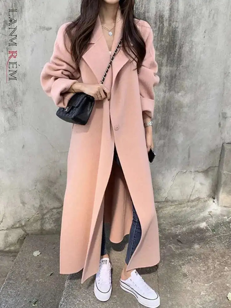 LANMREM Pink Double Sided Cashmere Coat Women's Mid Length Autumn Winter High End Split Belt Coats y Streetwear 2DA7712 260922