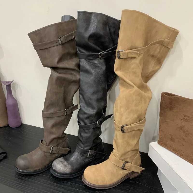 Aneikeh Punk Vintage Style Designer Over The Knee Boots Pleated Buckle Strap Round Toe Women Square Low Heels Shoes Winter Q260922