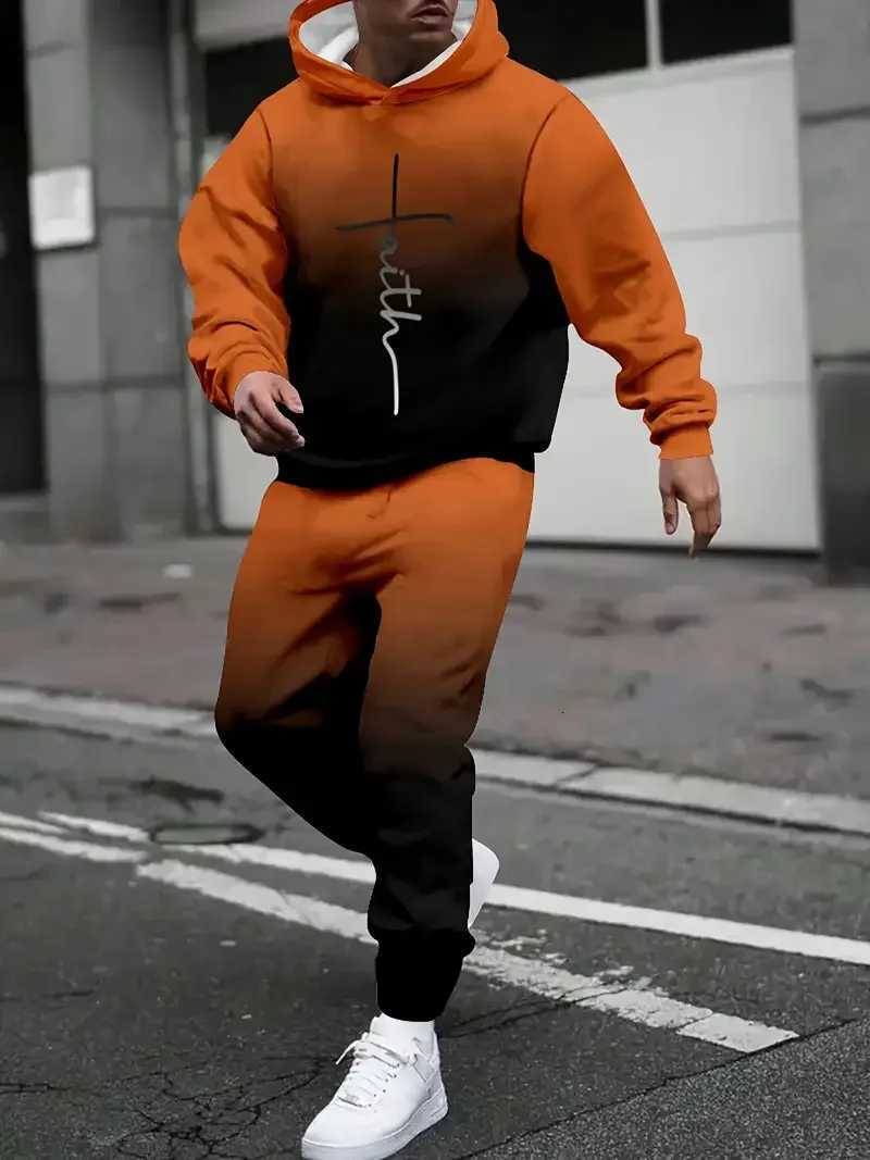Tracksuits Autumn Gradient Men's 3D Printed Hoodie Suit Men Sweatshirts Sweatpants Casual Fashion Two Piece Tracksuit Set Men's Clothing J