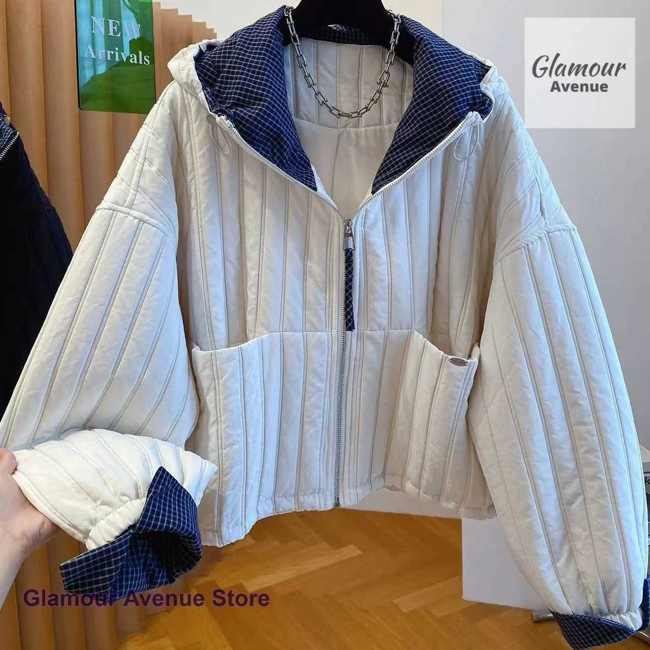 Women's Jackets Korean Style Fashion Hooded Cotton Jacket Women's Autumn and Winter New Splicing Plaid Casual Joker Light Cotton-Padded Ja
