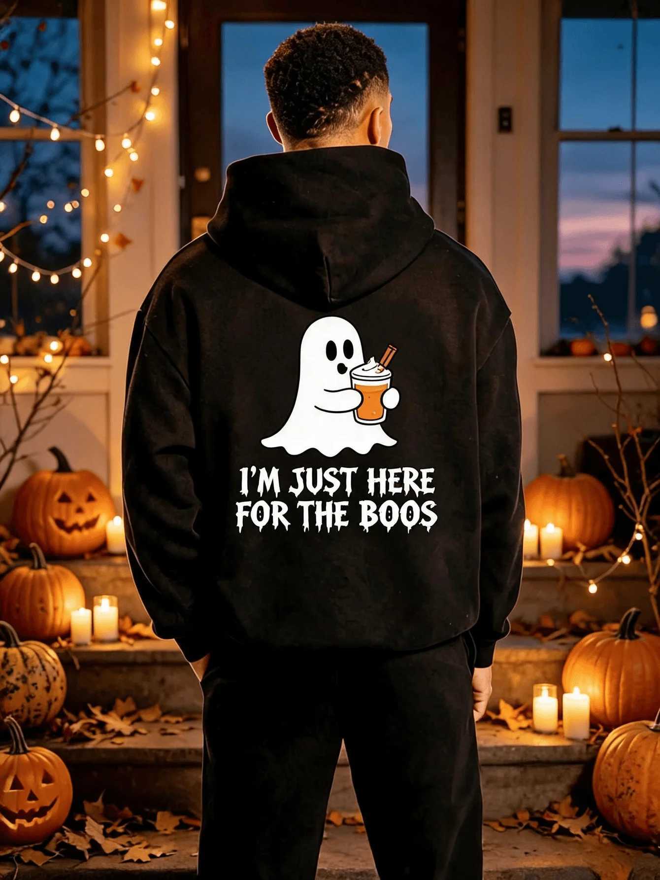 Zcaynger New Mens Hoodie Funny Im Just Here for The Boos Trendy Print Hoodie Casual Style for Mans Hoodie Thickened Warm Sweatshirt Autumn Winter Ha