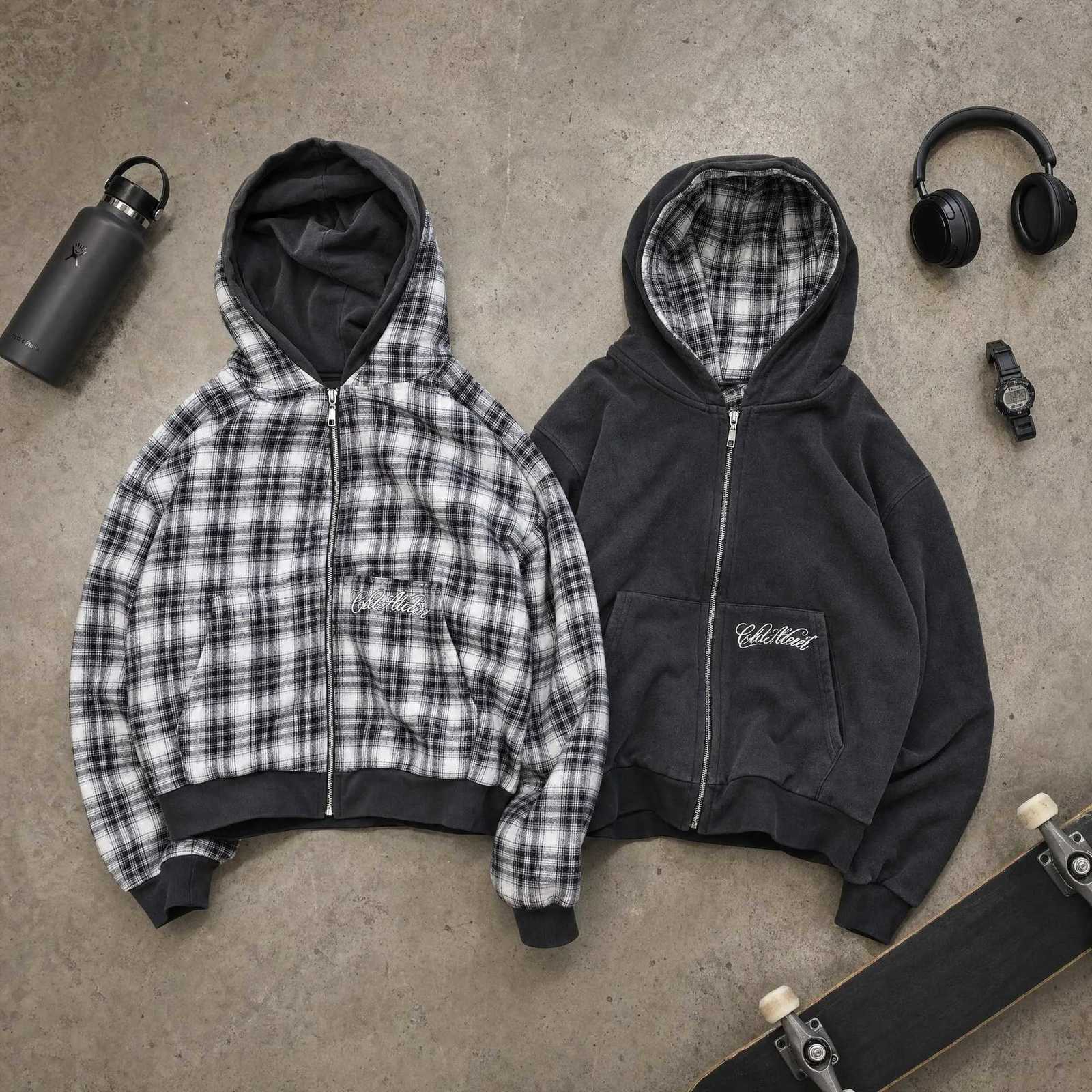 Men's Hoodies Sweatshirts Black Plaid Double Face Hoodie Women Men Zip Up Oversized Reversible Streetwear Casual Long Sleeve Fashion Jacket Coa