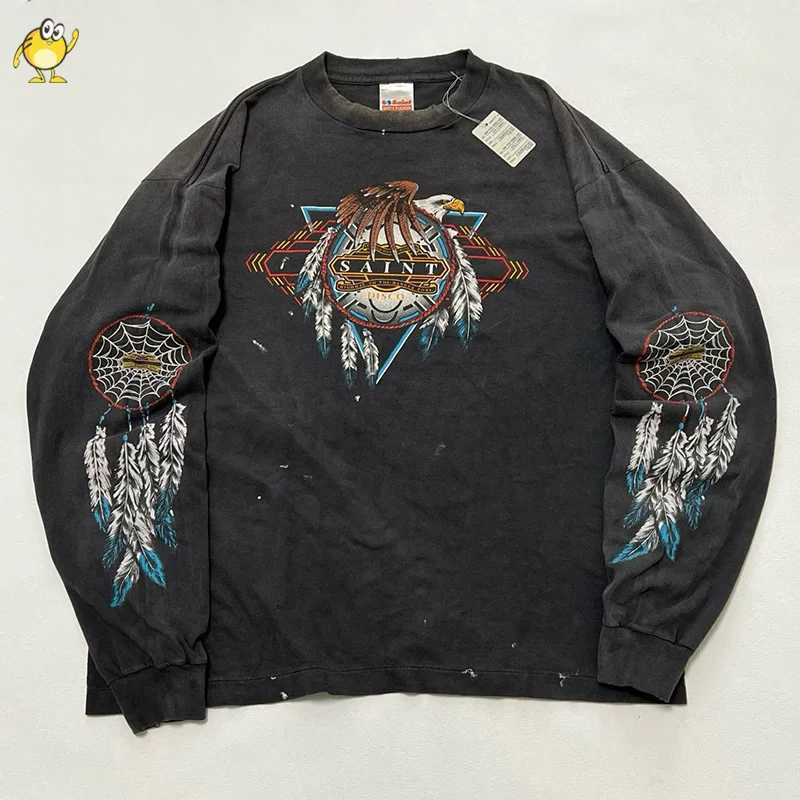 Men's Hoodies Sweatshirts Eagle Spider Web SAINT Long Sleeve Men Woman Good Quality Retro Fashion Casual Washed Damaged Spring Autumn Streetwea