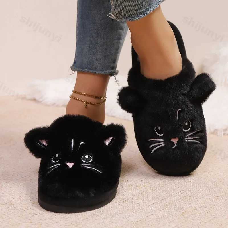 Women Cute Cat Cotton Slippers Winter Fluffy Furry Platform Home Slippers Men Plush Indoor Couple Soft Sole Leopard Casual Shoes T260922