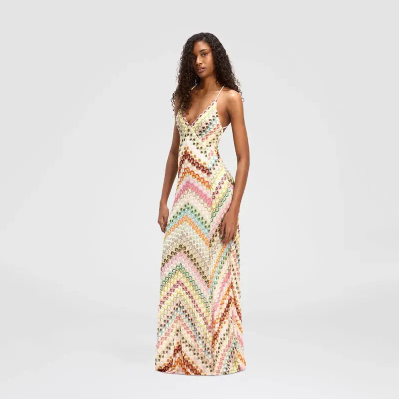 Women Casual everyday Dress Multicolor Chevron Crochet Maxi Backless Spaghetti Strap Split Knit Long Beach Dress Ladies Basic a0d