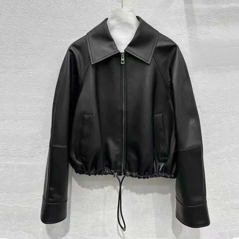 Leather Clothing Real for Women Lapel Drawstring Silhouette Short Coat Female Genuine Sheepskin Balloon Jacket Bomber Femme C260921