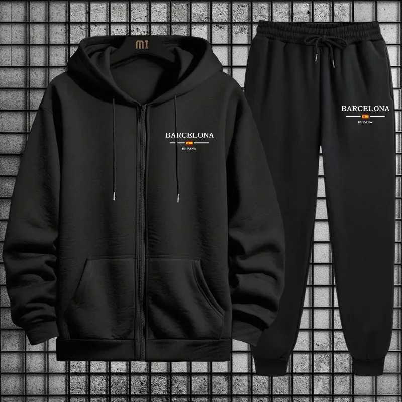 Print Men's Tracksuits Barcelona Hoodies Sweatpants Men's Tracksuit 2 Piece Set Autumn Winter Daily Casual Sporty Jogging Suit Fashion Spo