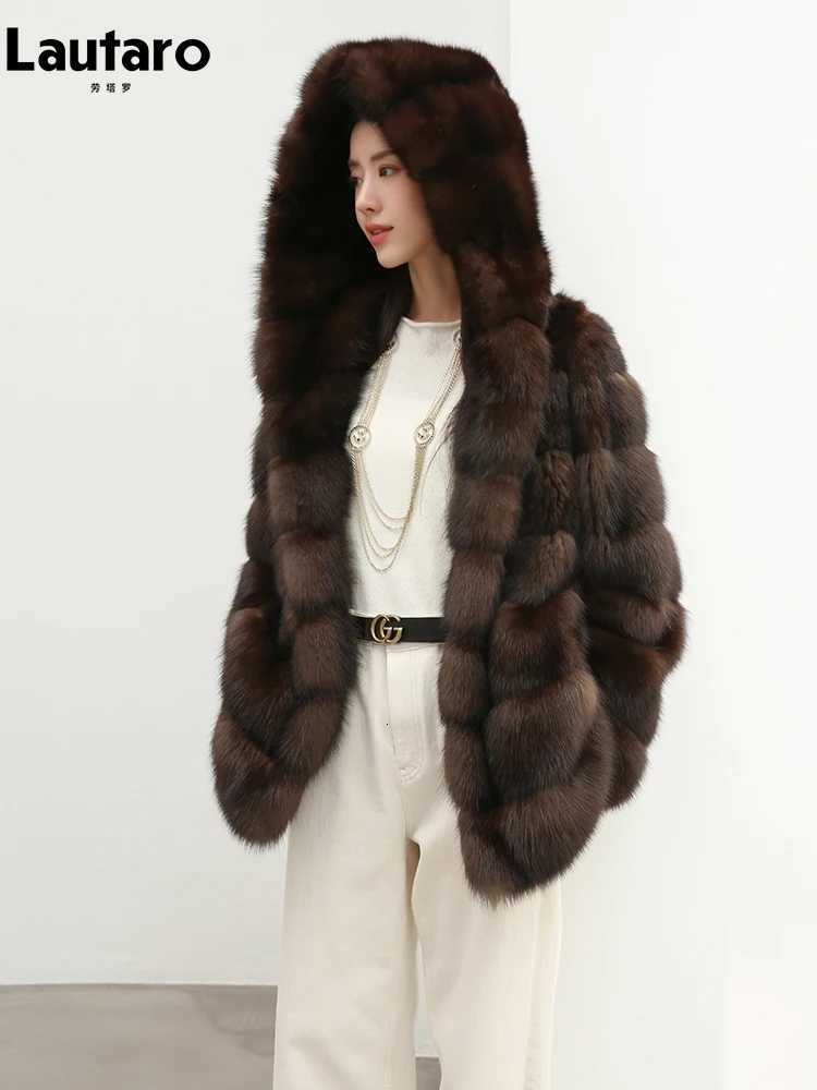 Women's Jackets Lautaro Autumn Winter Elegant Luxury Chic Thick Warm Soft Faux Sable Fur Coat Women with Hood High Quality Fluffy Jacket Hoodie