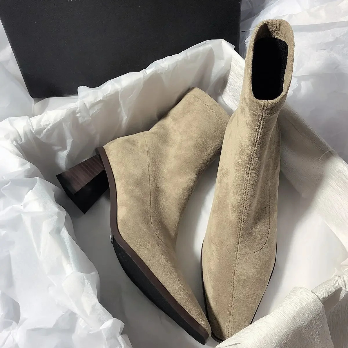 Women's High Heel Short Boots Autumn Winter Style Versatile Sharp Pointed Toe Sock Boots Thick Heel Elastic Slim Boot Black 260918
