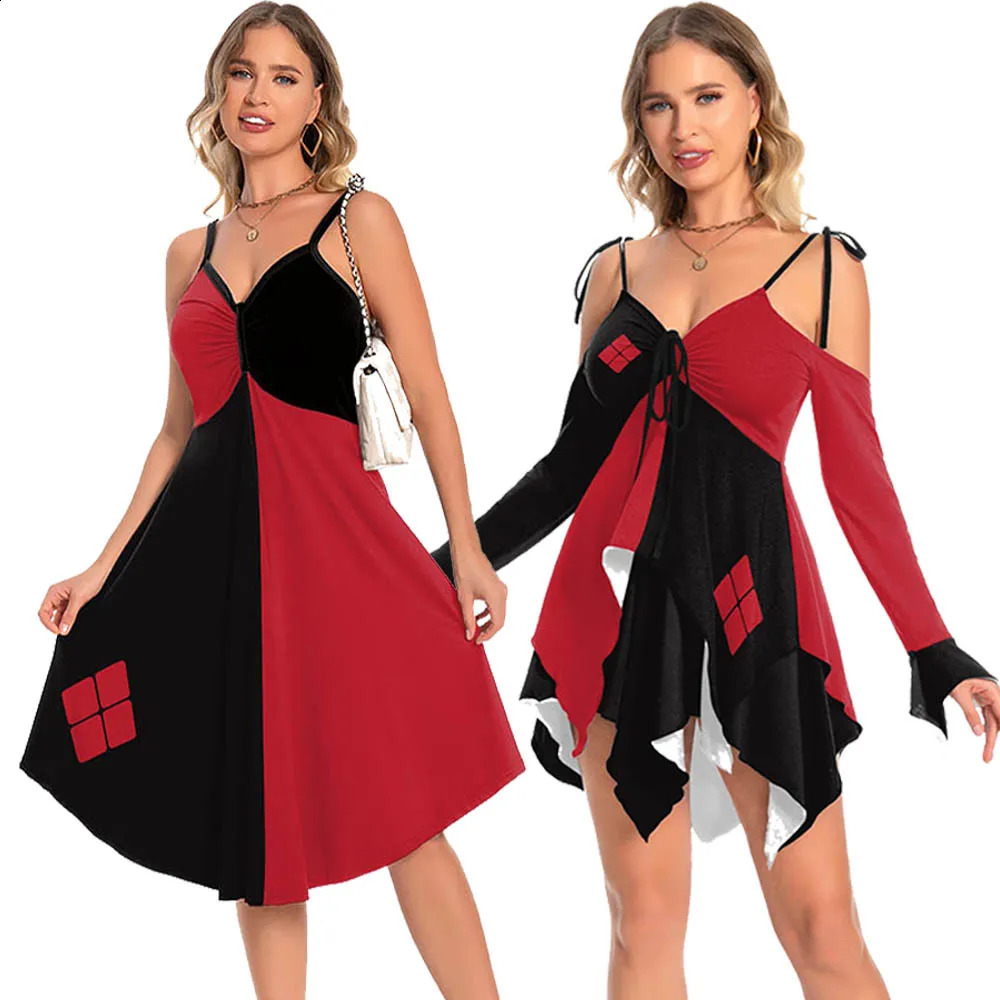 ZAWALAND Abiti da donna Cosplay Film Costume da clown Abito senza maniche Festa di carnevale di Halloween Harley Quinn Vestito operato sexy 260921