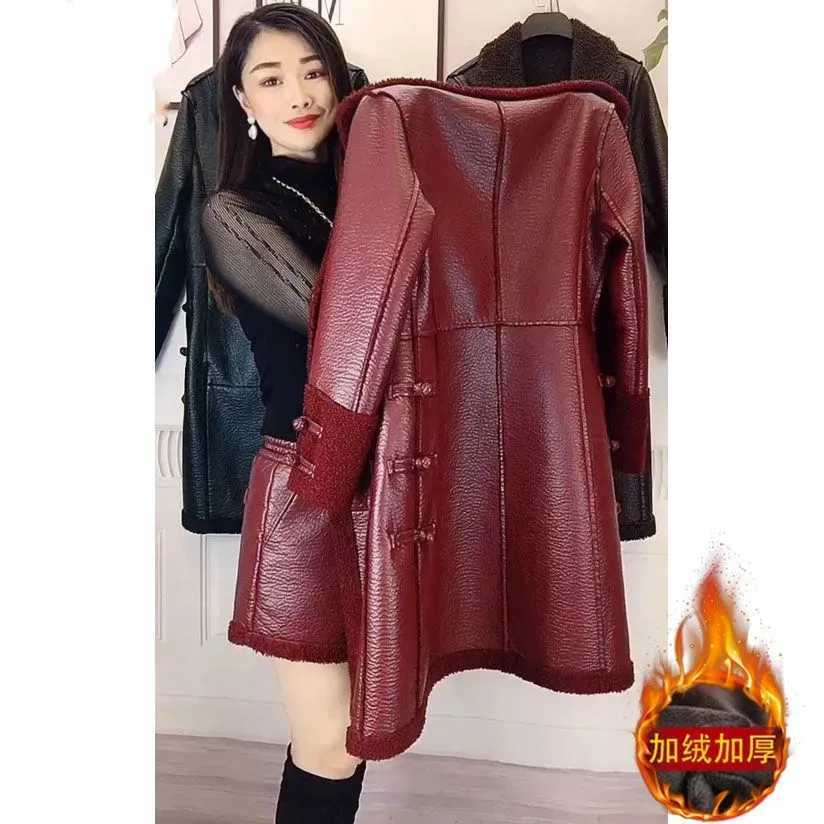 Women Winter Coat Loose Long PU Leather Jacket Thick Warm Lambswool Faux Leather Coat Female Chaqueta Cuero Mujer 5XL Red Black C260921