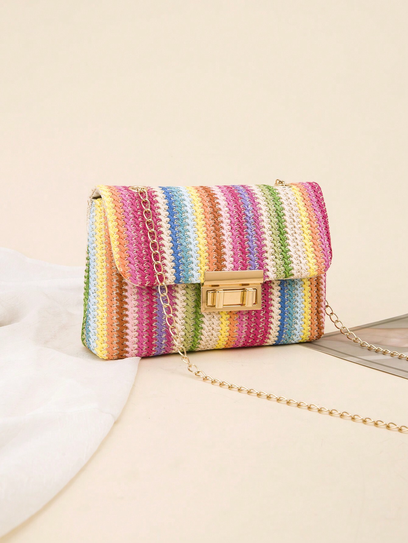 Chain Shoulder Women S Small Square Colorful Bag Spring Summer Casual Beach For Women Large Capacity Woven Bag