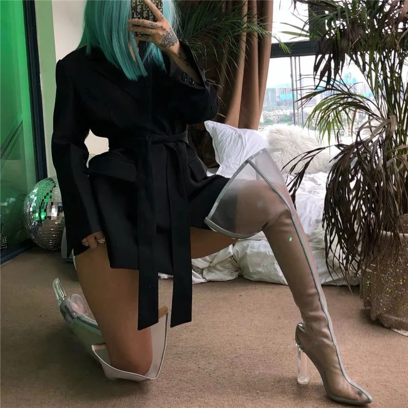 Y Botas de verano para mujer Botas altas por encima de la rodilla Sandalias de malla Botines largos Zapatos de fiesta sexy Botas transparentes 26092