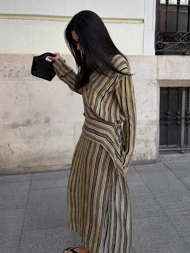 Anklelength Casual Striped Women Dress Vneck Long Sleeve Belt Elegant Female Chic 2026 Autumn Lady Loose Office Streetwear 260922