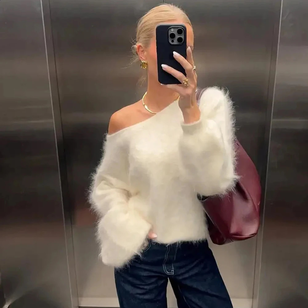 Talenza Womens Plush Pullover Fashion Solid Loose High Street Sweaters Vintage Chic Strapless Autumn Casual Female Pullovers 260922