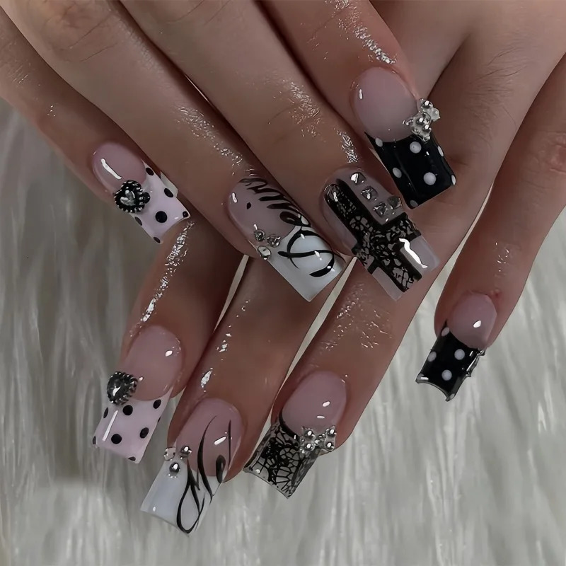 24PCS Y2k Dark Medium Square False Nails Black Lace Cross French Polka Dot Press on Nails 3D Metallic Silver Bow Heart Nail Tips 260922