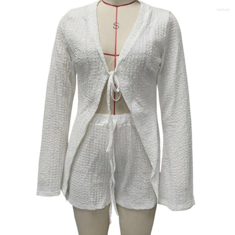 Vintage Holiday Vacation Sets Two 2 Pieces Sale Lace Up White Apricot Open Breasted Loose Blouse Shirt& Wide Leg Short Suits