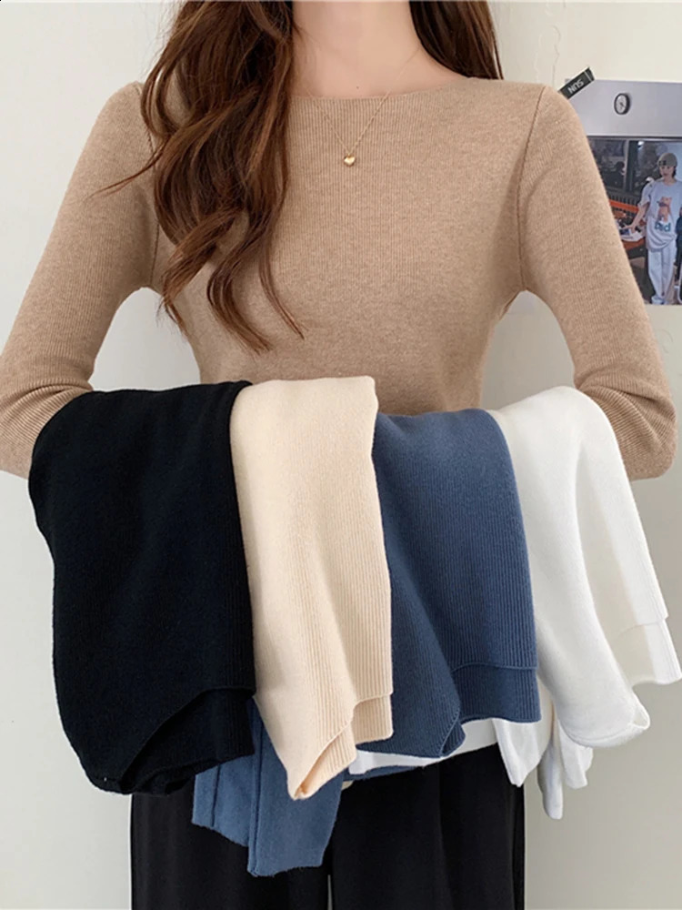 Autumn Winter Women Sweaters Slash Neck Slim Knitted Pullovers chic Basic Solid Jumper Female Sweater Casual Tops 260920