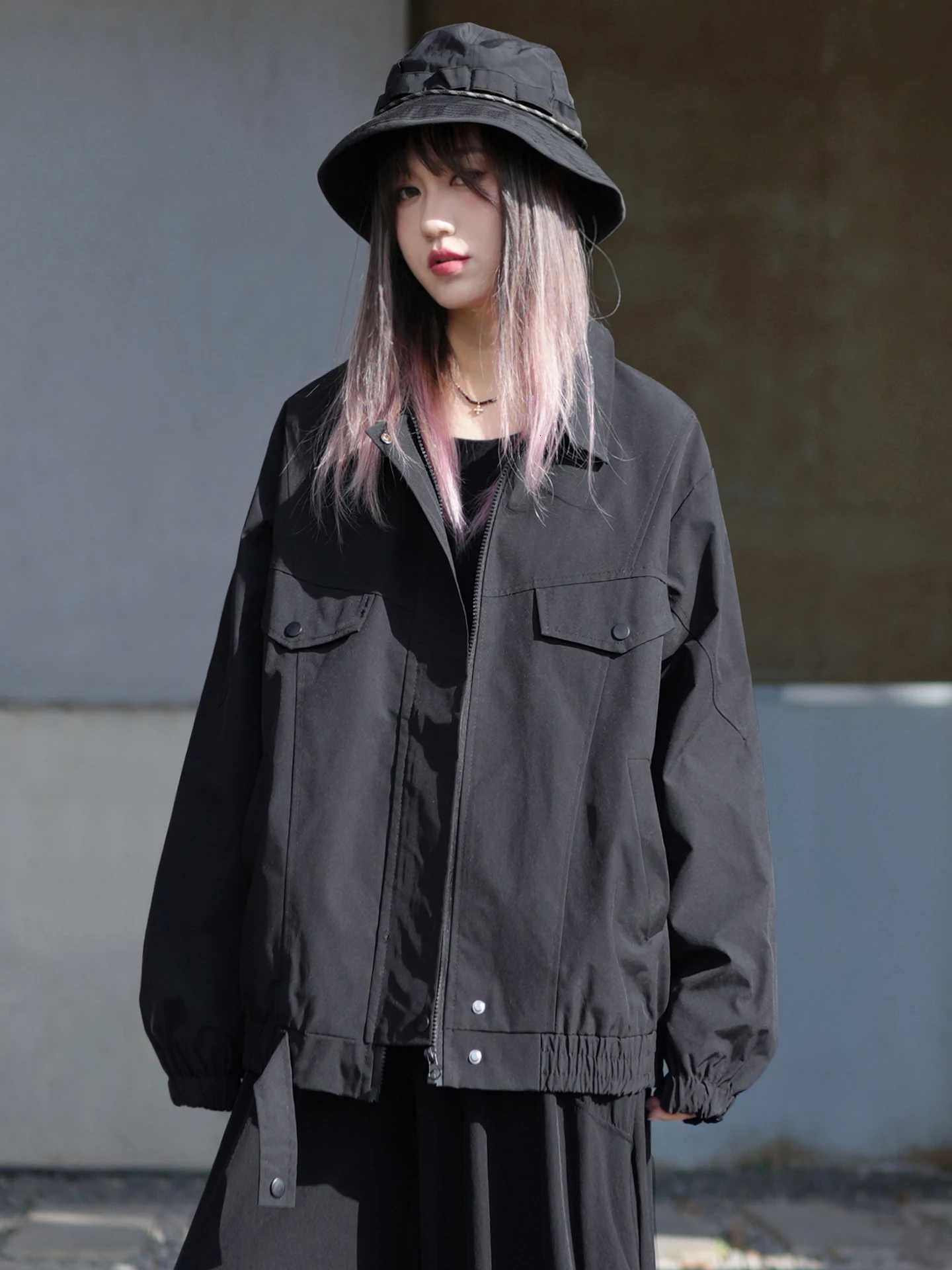 Women's Jackets Loose Fit Pilot Jacket Women's Spring Autumn Black Workwear Jacket Korean Cool BF Style Polyester Fiber Long Sleeve Zipper