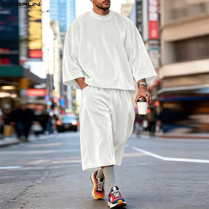 Sets Men's Men's Tracksuits Velour Solid O-neck 3/4 SLeeve T Shirt Pants Two Piece Sets Streetwear Loose 2026 Fashion Men Matching Sets J2